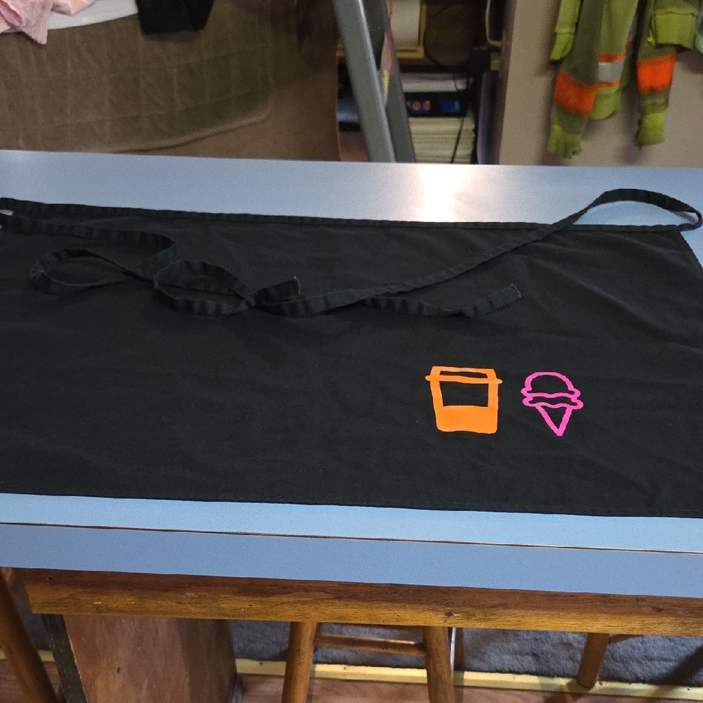 NWOT Black Dunkin Donuts Apron with Orange and Pink Icons